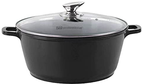 SQ Professional NEA Die-Cast Aluminium Stockpot with Lid 3-Layer Non-Stick Coating - Stew pots - Tempered Glass Lid with Steam Vent Casserole pan (Black, 36CM)