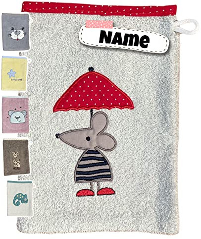 Baby Waschhandschuh personalisiert | 15x20 cm | Waschlappen Kinder mit Namen bestickt | 100% Baumwolle | Frottee | Baby Geschenke (Maus grau)