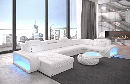 Wohnlandschaft Berlin U Form Leder mit Kopfstützen Sofa mit LED Beleuchtung Moderne Couch (Ottomane Links, White)