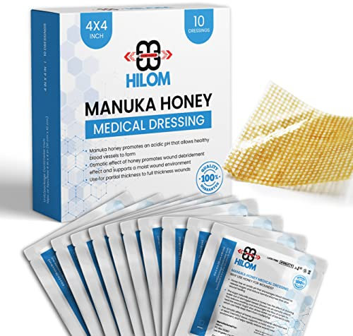 Hilom Medizinische Qualität, Manuka-Honig-Gaze, 10,2 x 10,2 cm (10 Stück, nicht haftend) | Erste Hilfe für kleinere Wunden wie Schnitte oder fortgeschrittene Wundversorgung von Wunden, Verbrennungen