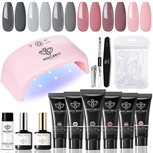 Modelones Poly Nail Extension Gel Kit – 6 Colors Nude Gray Pink with 20W Nail Lamp Upgraded Quick Dry for DIY at Home Gifts