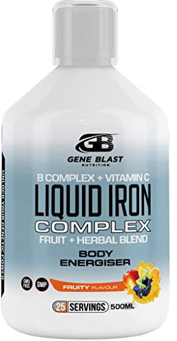 Gene Blast Liquid Iron Complex w/Added B-Complex, Vitamin C, Organic Fruit, and Health Blend - Enhance Energy, Focus & Immune Health - Fruity Flavour-Vegan-500ml