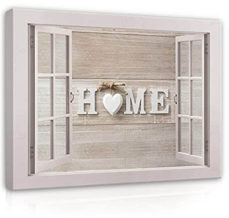 WallArena - Leinwand Bilder - Fensterbilck Fenster Herz Home Holzoptik - 120x80 cm Leinwandbilder - Bild auf leinwand Wandbild XXL groß Wandbilder für Wohnzimmer Schlafzimmer Wohnzimmerbilder Modern