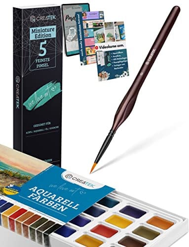 CreaTek - Miniatur Pinsel Set & Aquarellfarben Set [ Die perfekte Kombination ] 5 feinste Miniatur Pinsel + 24 leuchtende und stark pigmentierte Wasserfarben, Aquarellfarbkasten + Pinselset Malen