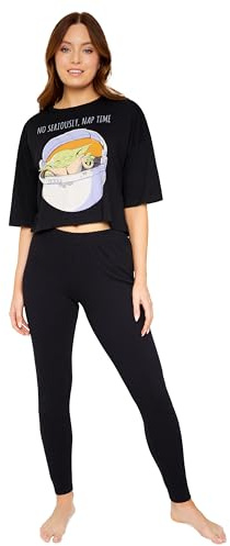 Disney Stitch Womens Pyjamas Set - Nightwear Top and Long Bottoms PJs Lounge Set Women and Teenagers S-XL Stitch Gifts (Black Baby Yoda, M)