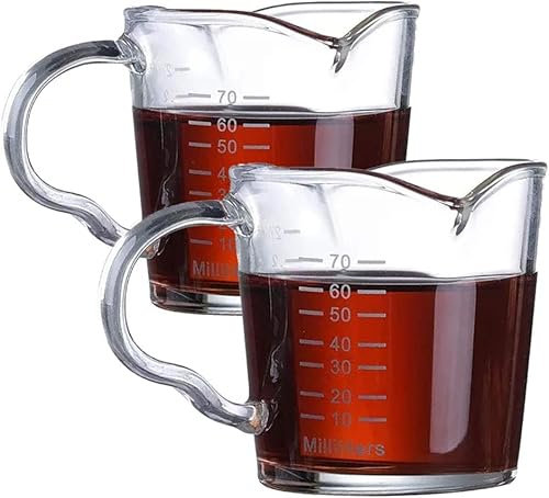 2 mini misurini in vetro da 70 ml, misura per caffè espresso, misura in vetro pesante, misura Jigger spirito; tazza rotonda graduata con manico per bar, vino, cocktail, latte, caffè (2 pz/70 ml)