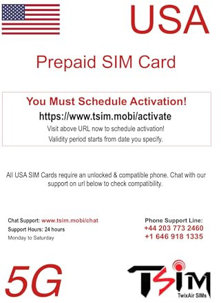PrePaid USA SIM-Karte Unbegrenzt eingehende und ausgehende Anrufe/SMS | Ultra High Speed 5G Datenzulassung. Hotspot/Tethering/Internet-Sharing erlaubt. (unbegrenzt + CallHome x 2 Monate)