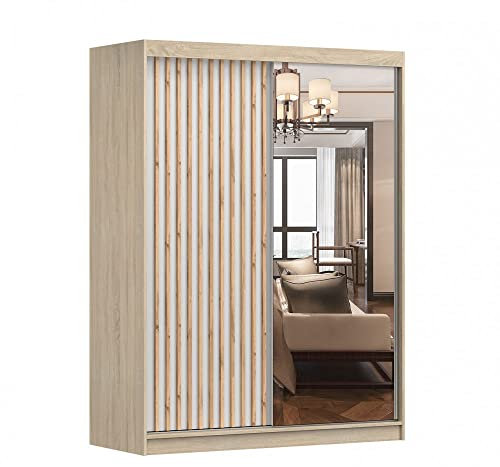 Fabryka Mebli Idźczak Kleiderschrank mit Spiegel, Lamellen, Schiebetüren - Schwebetürenschrank, Schlafzimmerschrank - 61 x 150 x 200 cm - Schrank für Schlafzimmer, Garderobe - Weiß, Sonoma