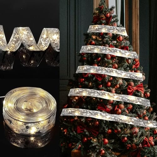 NQEUEPN Christmas Tree Ribbon Lights, 32 Feet LED Ribbon Christmas Lights with 100 LED Lights Christmas Fairy Lights Christmas Ribbon String Lights for Tree Door Wall Decor (Silver)
