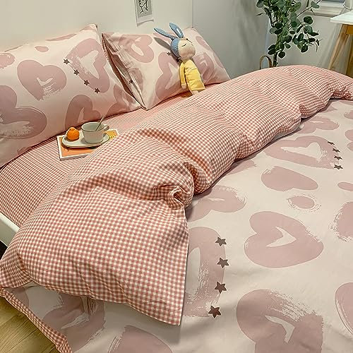 GETIYA Damen Mädchen Bettwäsche 135x200 Baumwolle Bettwäsche Herz Muster Bettbezug Einzelbett Romantisch Herz Bettwäsche Rosa Wendebettwäsche mit Reißverschluss und 1 Kissenbezug 80x80