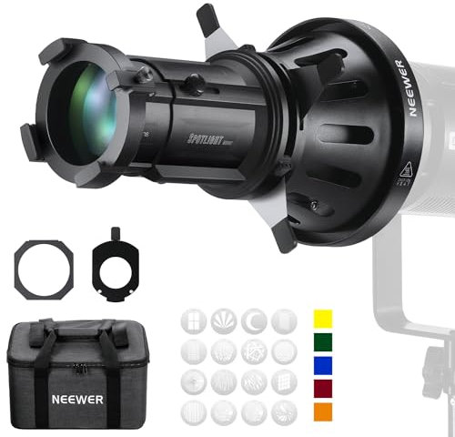 NEEWER Spotlight Snoot mit 20° Projektionsobjektiv, einstellbarem Fokus, 16 Metallgobos, 5 Farbgels, Tasche, konischer Snoot für Bowens Mount LED Dauerlicht Studio Videoleuchte bis 300W, LS-39