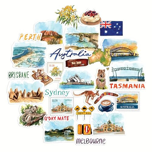 Navy Peony Outback Australien Reisesticker (32 Stück) - Aquarell, wasserdichte, ländlich thematische Urlaubsaufkleber für Notizbücher, Scrapbooks, Trinkflaschen
