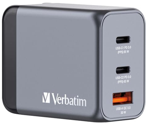 Verbatim GaN Charger 65 W, 3 Ports USB-C Ladegerät, Power Adapter mit 2 x USB-C und 1 x USB-A, Schnellladegerät als Mehrfachstecker, für Apple MacBook, Notebook, iPad, iPhone, Samsung und Co