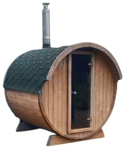 Tonneau Sauna d'extérieur en kit chaudière au bois COMPRISE, épicéa thermo- traité, 2 à 4 personnes 2,20m x diam 1,96m / hauteur 2,15m shingle vert