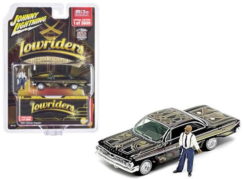 1961 Chevy Impala Lowrider Black with Graphics and Diecast Figure Limited Edition to 3600 Pieces Worldwide 1/64 Diecast Model Car by Johnny Lightning JLCP7456