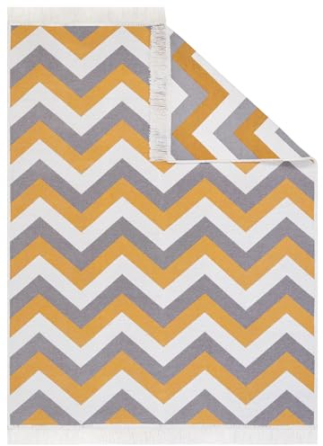 TAPISO Azteca Teppich Kurzflor mit Fransen Baumwolle Waschbar Beidseitig Anwendbar Creme Grau Orange Zig Zag Wohnzimmer Schlafzimmer Küche ÖKOTEX 120 x 170 cm