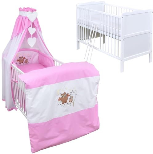 Generisch Baby Delux Babybett Komplett Set Kinderbett 60x120 cm umbaubar zum Juniorbett weiß 10-TLG Max Bettset Matratze Chiffonhimmel (Eule rosa)