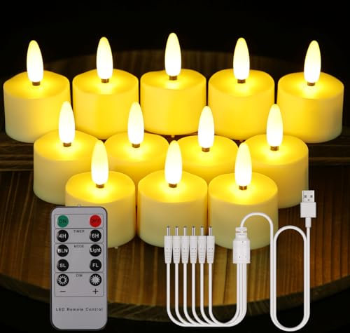 BOWKA 6Stk. Wiederaufladbare LED Teelichter Kerzen mit Fernbedienung Timer und USB-Ladekabel Flammenlose Flackernde kerzen für Outdoor Party Garten Weihnachten Hochzeit Deko (3D Warmweiß, 6 Stück)