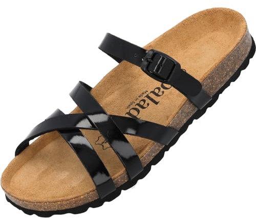 Palado Damen Pantoletten Cruisi - Schuhe mit Riemen - elegante Hausschuhe - Sohle aus feinstem Veloursleder - Sandalen mit Natur Kork-Fußbett Schwarz Lack UK7 - EU40