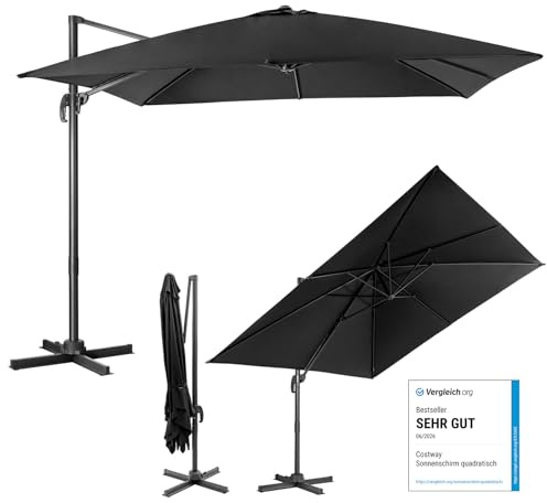 COSTWAY Sombrilla Terraza Exterior 3x3M con Base Cruzada, Sombrilla Rectangular 3 Inclinaciones, Rotación 360°, Parasol Excentrico Grande Jardin Terraza Playa Exterior
