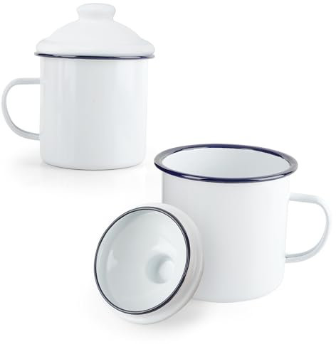 YKUKIZEE 2 Pack 500 ml White Enamel Mug with Lid, Retro Tin Cup 17 oz, Large Capacity Vintage Camping Mugs Portable for Hot Drinks Tea Home Garden Office Travel Party