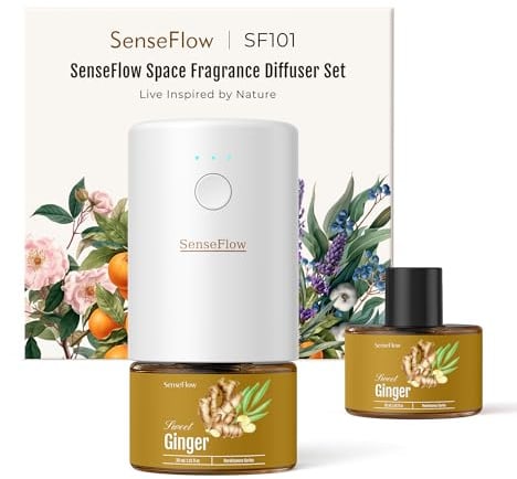 SenseFlow Aroma Diffuser für Ätherische Öle SF101, Wasserloser Ultraschall Duftstecker Raumduft, 100% pflanzlich Lufterfrischer, 120-Tage Aroma für Zuhause, Hotel - bis zu 100 m² - Ingwer