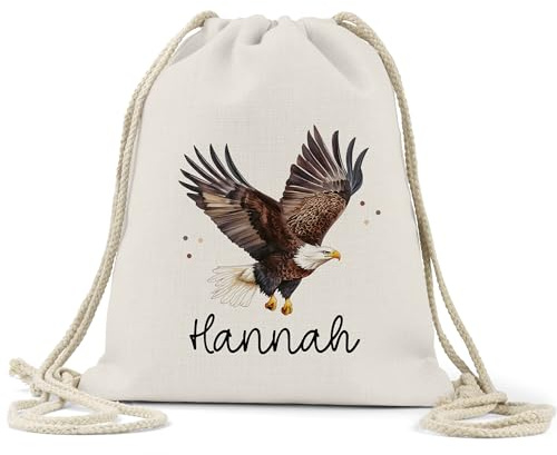 kleinebuchstaben 100% Baumwolle Turnbeutel Personalisiert mit Name - Wunschname - Sportbeutel Rucksack mit Kordelzug - für Sport Kindergarten Schule - 38 x 45 cm - 13 Liter (Adler)