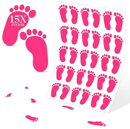 Babyfüße Deko Sticker Set, 15 Stück, Aufkleber ca. 8x5 cm in Pink, Fußabdruck Wandsticker, Bodenetiketten für Baby-Partys, Kinderzimmer, Baby Shower Dekoration, Selbstklebend und Wiederverwendbar