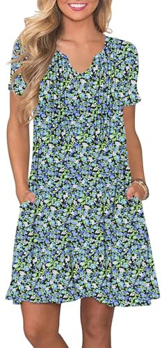 PLOKNRD Damen Sommerkleid 2025 Elegant Plissiert Freizeitkleid Gekerbter V-Ausschnitt T-Shirt Kleid Knielang mit Taschen(Blau Grün Blumen,2XL