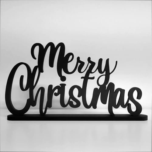 ebenkunst | Weihnachtsdeko - eleganter Merry Christmas Schriftzug | 36x19,7cm schwarze Tischdekoration aus Holz, Aufstelldeko innen, Fensterbild