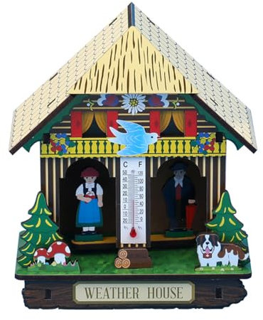 Maison météorologique - Boîte de pluie ensoleillée - Horloge en bois - Chalet - Baromètre - Hygromètre - Décoration murale - Décoration de la maison - Humidimètre résistant aux intempéries - Pour la
