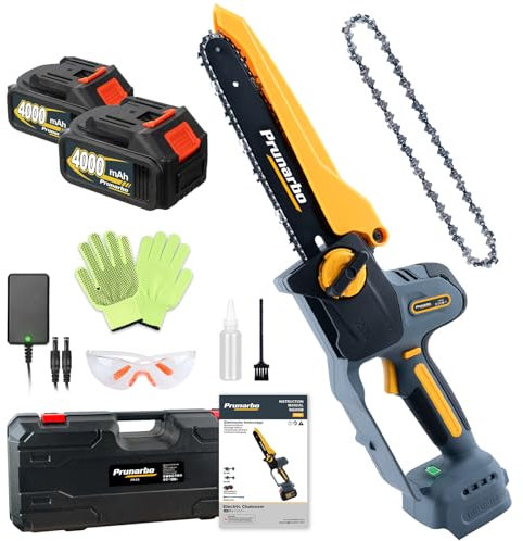 Prunarbo Mini Tronçonneuse sur Batterie Scie Sans Fil 18V avec 2 Batterie 4Ah, Huileur Automatique, Coupe Bois, Branches, Entretien Jardin, Compatible avec Makita 18V Li-Ion (PR-E8)