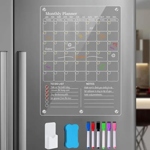 Acrylic Magnetic Dry Erase Board for Fridge, Monthly & Weekly Calendar Planner Note Blackboard Set,Clear Acrylic Magnetic Calendar,Reusable Planner Board for Refrigerator/Wall/Glass/Kitchen