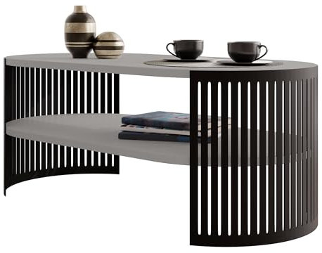 Mirjan24 Couchtisch mit Ablage Fahugin I, Ovale Form, Beine aus Metall, Kaffeetisch, Wohnzimmertische, Beistelltisch, Sofatisch, Teetisch (Hellgrau, Schwarz)