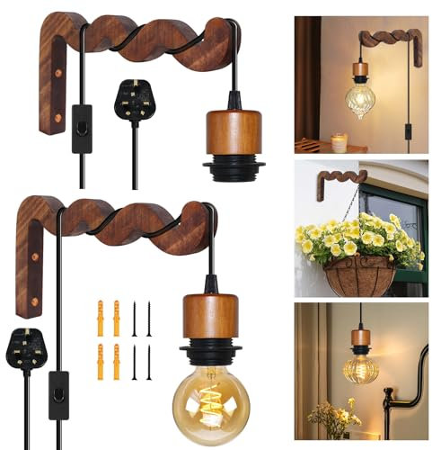 E27 Retro Wall Light Fitting,2 Pcs Black Indoor Wall Lamp with 5M Plug and Switch,Industrial Plug in Pendant Lighting with 20X12cm Wooden Wall Brackets,Rustic Wall Sconces for Bedroom,Hallway,No Bulb
