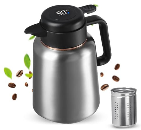 Carafe à Café Isotherme en Acier Inoxydable, 1.8L Carafe à Café Thermique, Pichet Isotherme à Café, Carafe d'eau Isolée Sous Vide avec Affichage de la Température avec Passoire à Thé pour Thé Café