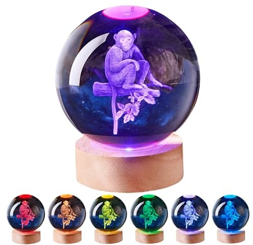 3D-Nachtlicht mit großem Affen-Kristallkugel mit Holzsockel, Kristalllampe, Geschenk für Kinder, Ehefrau, Freunde, 16 Farbwechsel mit Fernbedienung, lasergraviert, 8 cm Glaskugel-Lampe (Affe)