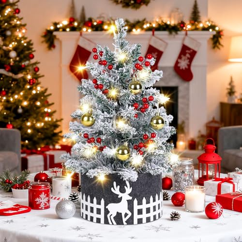 2FT Flocked Christmas Tree with Lights, DIY Table Top Christmas Tree with Skirt Star Topper Ornaments, Mini Snowy Xmas Tree for Home Office Desk Decor, Indoor Small Christmas Trees Decorating Gift