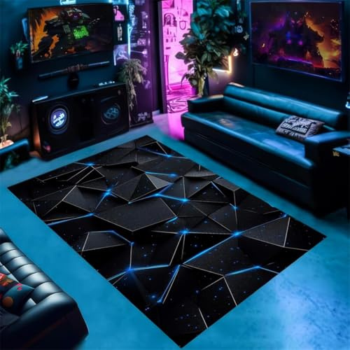 RUILBJM Gaming Teppich, 3D Cool Visuell Geometrisch Neon Muster Teppich, Weich Flanell rutschfest Bodenmatte, Geeignet für Wohnzimmer, Schlafzimmer, Jugendzimmer Gaming-Zimmer (Schwarz,160x230cm)