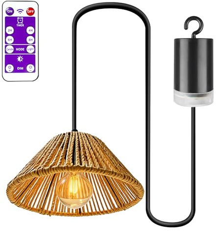 GBKDQQ - Lámpara colgante con pilas con pantalla de ratán con forma de paraguas, luz de techo sin conexión eléctrica para dormitorio, fiesta, cenador