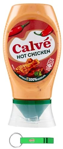 16x Calvé Salsa Hot Chicken - Sauce mit mit Cayennepfeffer und Chilischote, ideal für Hähnchenhappen und Spieße, vegetarisch, glutenfrei, 250ml Top-Down + Beni Culinari Kostenloser Schlüsselanhänger
