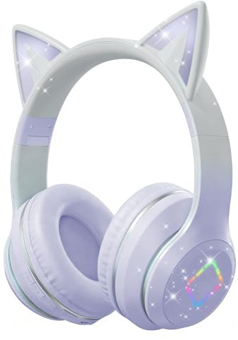 Caijin Cuffie Bluetooth Bambini, Orecchie di Gatto LED, Bluetooth 5.3 Stereo, Fascia Regolabile, Limite Volume 85dB, Pieghevoli, Modalità TF/Kabellato/Bluetooth, Compatibili con PC, Telefono, iPad