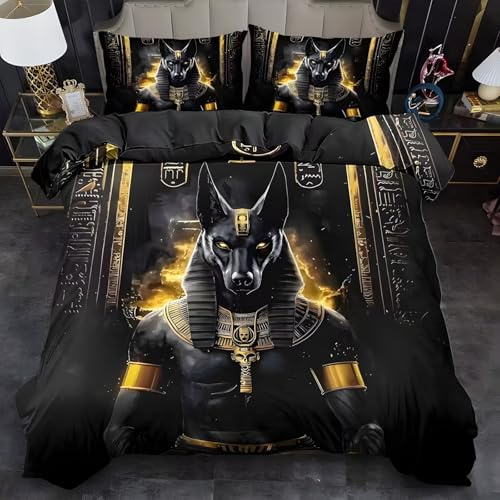 LLSZAHD Anubis Bettwäsche 135×200cm, Ägyptischer Stil Muster bettwäsche-Sets, Mikrofaser Bettbezug mit Reißverschluss und Kissenbezug 80×80cm
