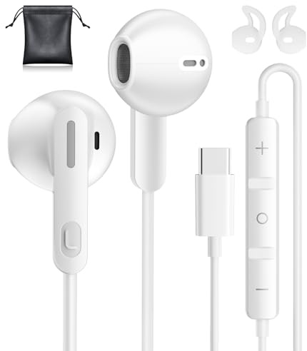 USB C Earphones Wired for iPhone 17 Pro Max 16 15 Pixel 10 pro 9 8 White | USBC Headphones with Mic Volume Control Wired Type C Headphones for Samsung Galaxy S26 S25 S24 Ultra S23 FE A56 A55 A17 A16