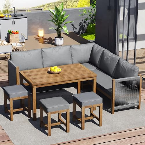 Xwiny Gartenmöbel-Set für 7–8 Personen, Lounge Möbel Outdoor aus Seil, 7-teiliges, 2 Doppelsofa, 1 Ecksofa, 3 Hocker, 1 Tisch, Akazie, Alle Kissen Inklusive (Grau+Natur)