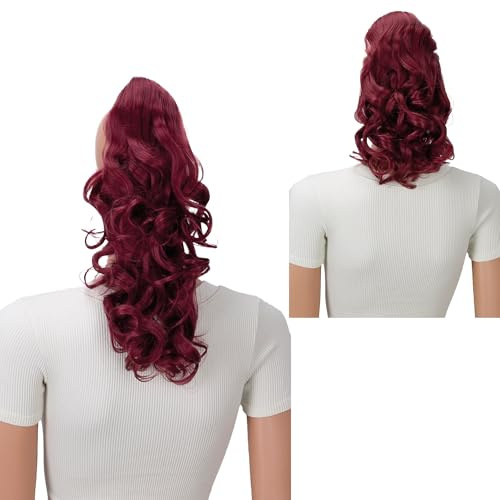 CAISHA 2in1 Reversible Synthetic Ponytail Claw Clip Red H18-2 | 12 14 Heat Resistant Hair Piece Extension Flip Change Length Long Volume Pieces Fake False Hairpieces Butterfly Jaw Clip