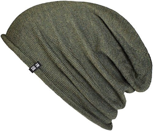Enter the Complex Leichte Merino Mütze, Einlagig Gestrickte Slouch Beanie, 100% Merino Wolle, Damen und Herren, Olive