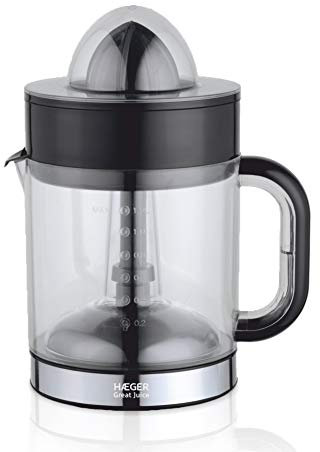 HAEGER GREAT JUICE - Exprimidor de Cítricos 1,2 Litros, 40W, Rotación de cono bidireccional, recipiente graduado transparente, desmontable, compartimento para el cable en la base