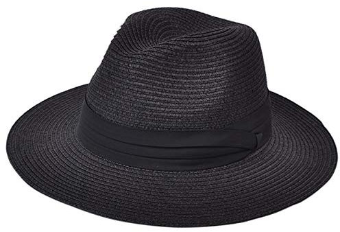Lanzom Sombrero de paja para mujer, estilo panamá, con ala ancha, plegable, para playa, con protección solar 50+ - negro - Talla única