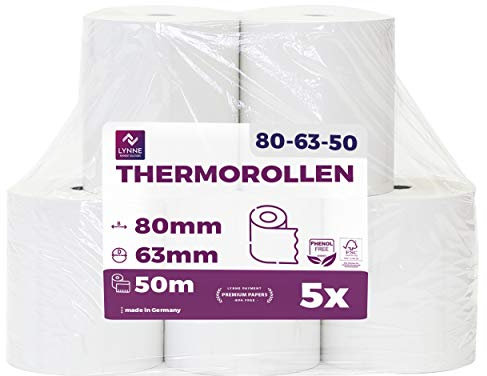 Thermorollen 80mm x 50m x 12mm - Kassenrollen - Bonrollen für Registrierkasse mit Bondrucker - Thermopapier für Kassensysteme – BPA Frei (Medium - 80x63x12-50 Meter - 5 Rollen)